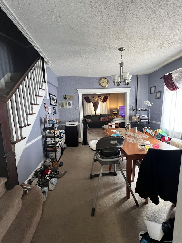 70 Burnham St, Hartford, CT 06112 - dining space featuring stairs, a textured ceiling, a chandelier, and carpet floors