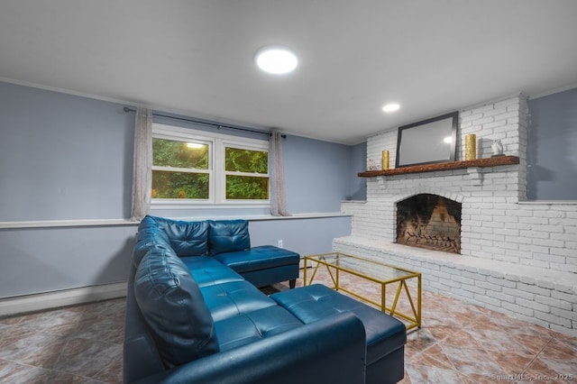 1996 Straits Tpke, Middlebury, CT 06762 - living room with a brick fireplace, baseboard heating, and crown molding