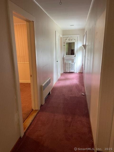 574 Cutlers Farm Rd, Monroe, CT 06468 - hallway with radiator heating unit, carpet floors, and crown molding