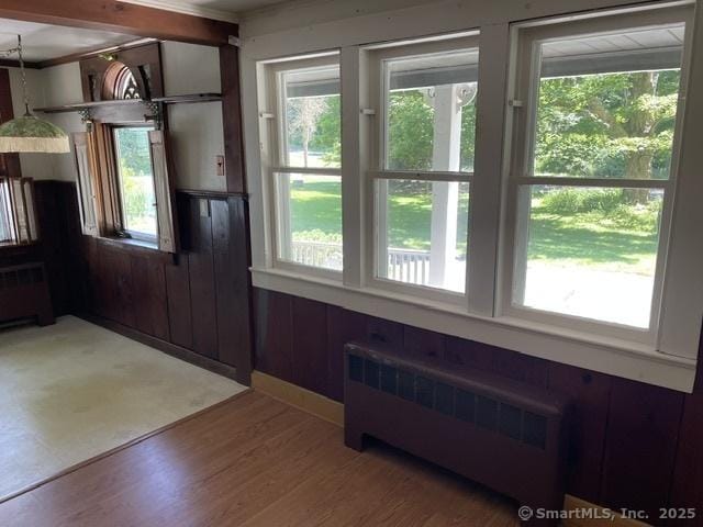 574 Cutlers Farm Rd, Monroe, CT 06468 - interior space featuring radiator heating unit, wood finished floors, and wainscoting
