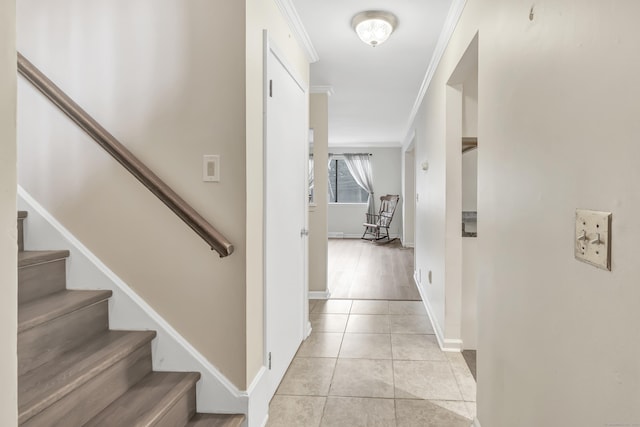 233 Derby Ave Unit 103, Derby, CT 06418 - hall featuring crown molding, stairway, and light tile patterned floors