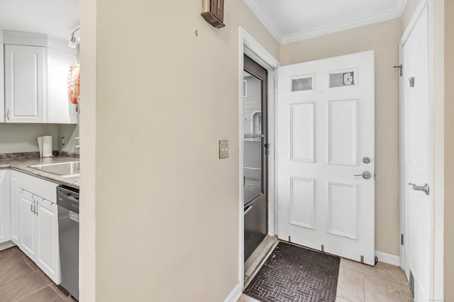 233 Derby Ave Unit 103, Derby, CT 06418 - kitchen with dishwasher, crown molding, white cabinetry, light tile patterned floors, and light countertops