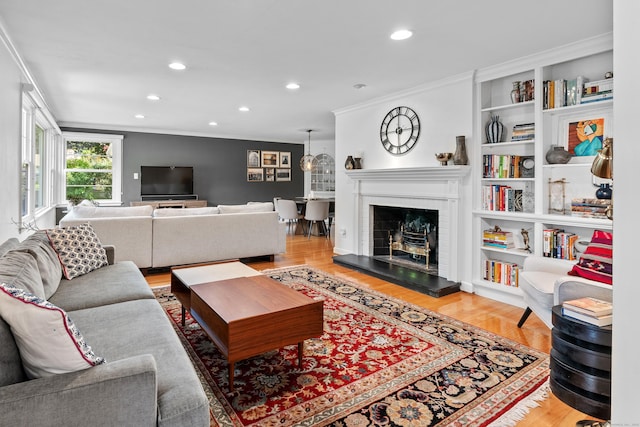 1981 Asylum Ave, West Hartford, CT 06117 - living area featuring crown molding, recessed lighting, and wood finished floors