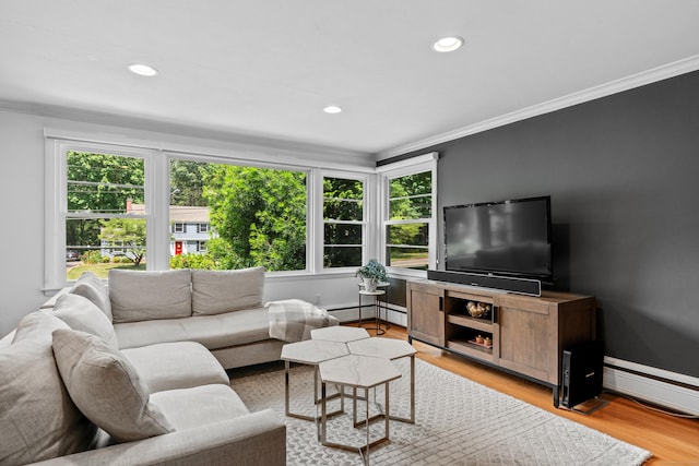 1981 Asylum Ave, West Hartford, CT 06117 - living room with crown molding, plenty of natural light, light wood-style flooring, recessed lighting, and a baseboard radiator
