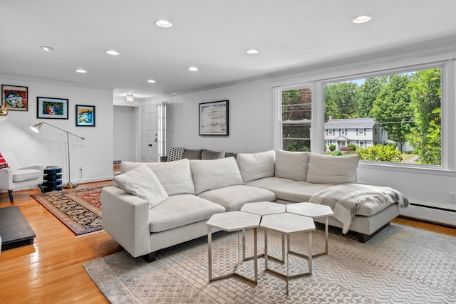 1981 Asylum Ave, West Hartford, CT 06117 - living area featuring ornamental molding, recessed lighting, light wood-style flooring, and baseboard heating
