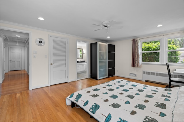 1981 Asylum Ave, West Hartford, CT 06117 - bedroom featuring radiator heating unit, ornamental molding, light wood-type flooring, recessed lighting, and ensuite bathroom