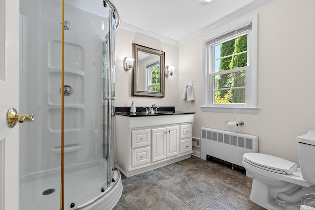 1981 Asylum Ave, West Hartford, CT 06117 - bathroom with radiator heating unit, a stall shower, crown molding, vanity, and stone finish floors
