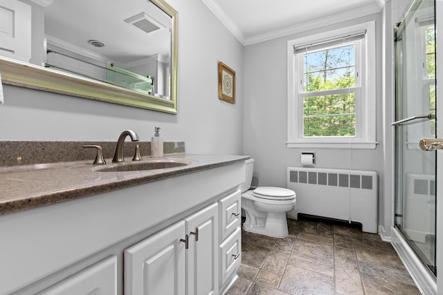1981 Asylum Ave, West Hartford, CT 06117 - full bathroom with radiator heating unit, vanity, a stall shower, ornamental molding, and stone tile floors