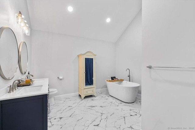 57 Notch Hill Rd, North Branford, CT 06471 - full bathroom featuring marble finish flooring, double vanity, a freestanding tub, vaulted ceiling, and recessed lighting