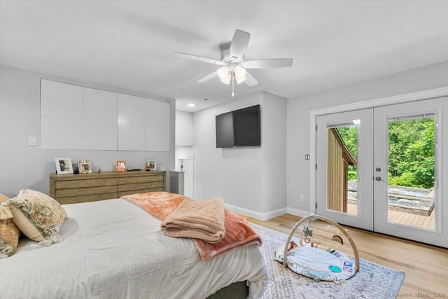 57 Notch Hill Rd, North Branford, CT 06471 - bedroom with access to exterior, light wood finished floors, french doors, a ceiling fan, and recessed lighting