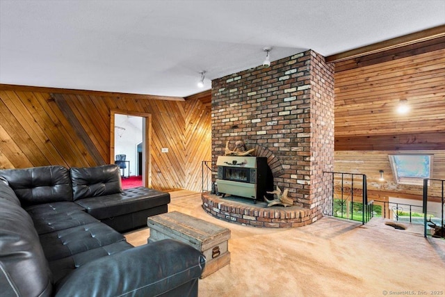 57 Notch Hill Rd, North Branford, CT 06471 - carpeted living room featuring wooden walls and rail lighting