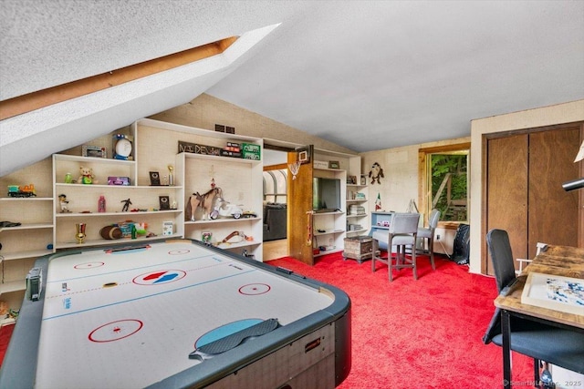 57 Notch Hill Rd, North Branford, CT 06471 - recreation room featuring vaulted ceiling, a skylight, carpet floors, and a textured ceiling