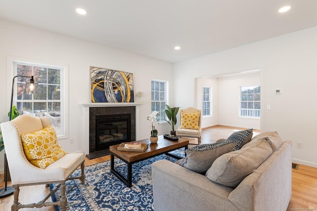 807 Pucker St, Coventry, CT 06238 - living area featuring light wood-type flooring, a premium fireplace, and recessed lighting