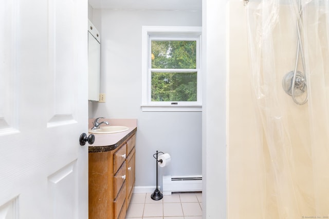 55 Charles Mary Dr, East Hampton, CT 06424 - full bath featuring baseboard heating, vanity, tile patterned floors, and a shower with shower curtain
