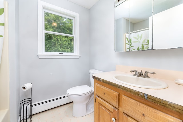 55 Charles Mary Dr, East Hampton, CT 06424 - full bath with a baseboard heating unit, vanity, and a shower with shower curtain