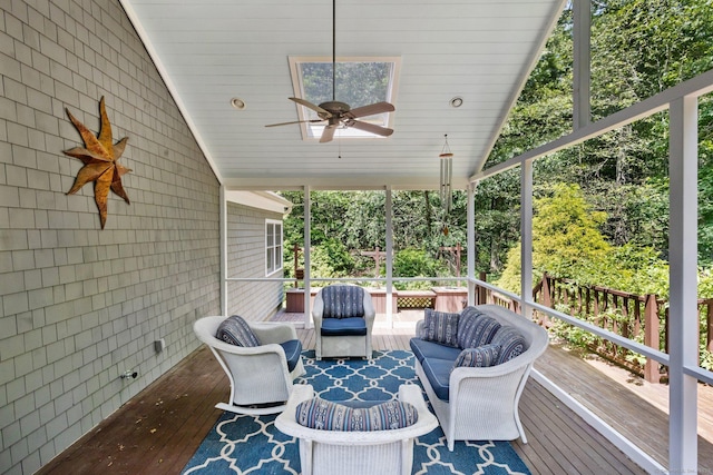 91 Fox Run Rd, New Canaan, CT 06840 - wooden terrace featuring an outdoor living space and ceiling fan