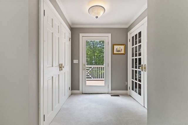 91 Fox Run Rd, New Canaan, CT 06840 - doorway with carpet flooring and crown molding