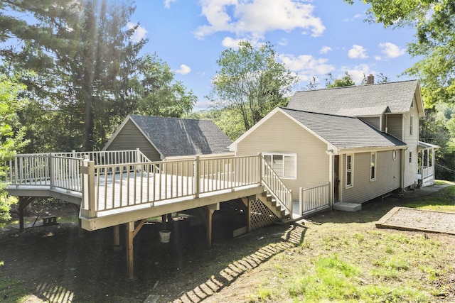 29 Gilyard St, Seymour, CT 06483 - back of house featuring a deck, a shingled roof, a chimney, and stairway