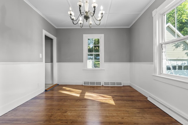 29 Gilyard St, Seymour, CT 06483 - empty room with a baseboard radiator, a chandelier, wood finished floors, and crown molding