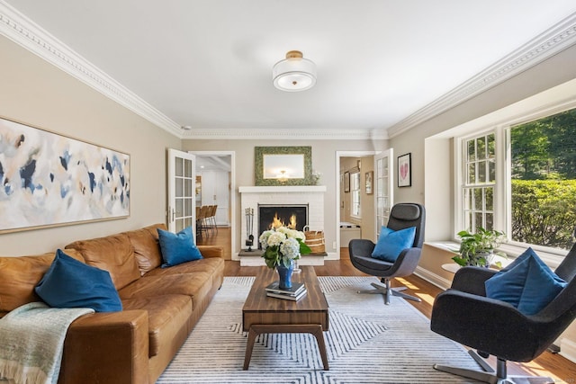 601 Old Stamford Rd, New Canaan, CT 06840 - living room featuring wood finished floors, crown molding, and a brick fireplace