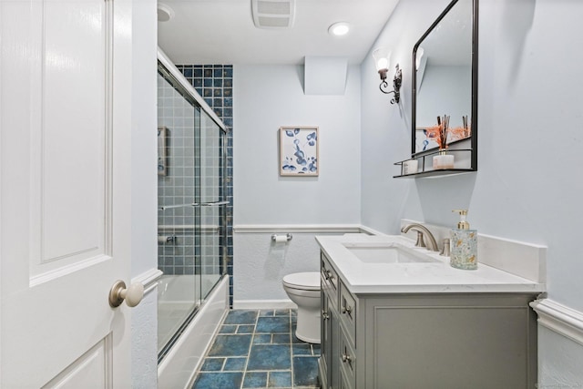 601 Old Stamford Rd, New Canaan, CT 06840 - bathroom with vanity, bath / shower combo with glass door, and a wainscoted wall