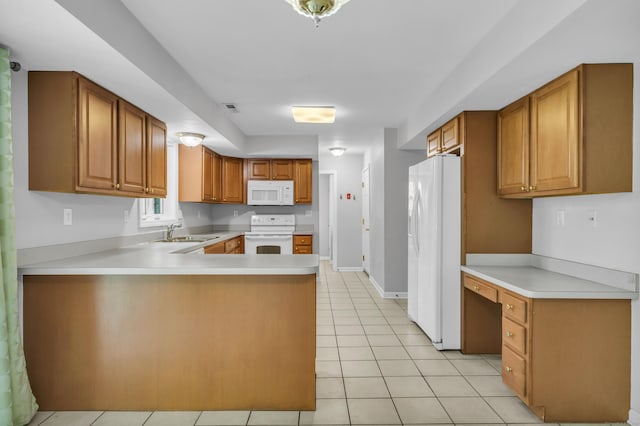 46 Pleasant Ave, Berlin, CT 06037 - kitchen with white appliances, a peninsula, light countertops, and light tile patterned floors