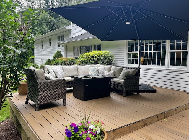 262 Linden Tree Rd, Wilton, CT 06897 - wooden deck featuring an outdoor living space with a fire pit