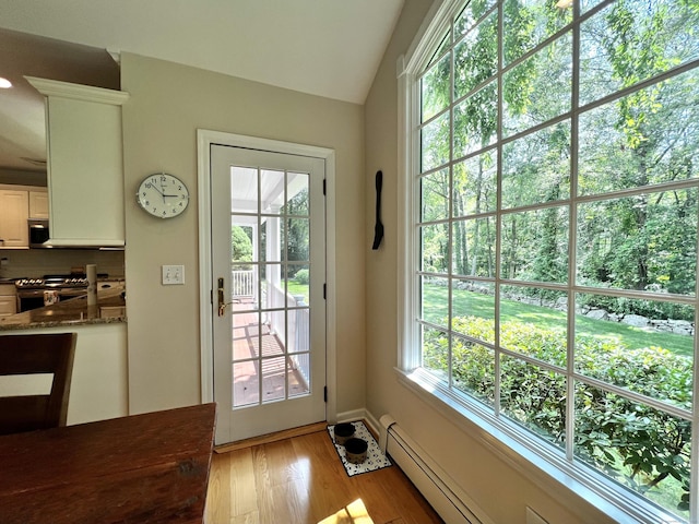 262 Linden Tree Rd, Wilton, CT 06897 - doorway with a baseboard heating unit, light wood-type flooring, and vaulted ceiling