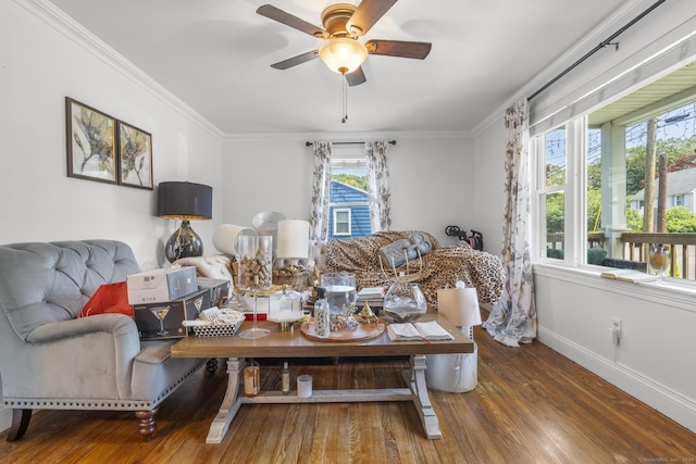 170 Red Oak Rd, Bridgeport, CT 06606 - living room featuring wood finished floors, a ceiling fan, and ornamental molding