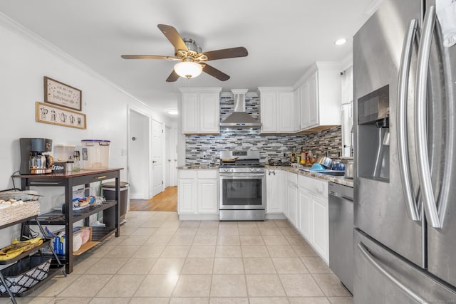 170 Red Oak Rd, Bridgeport, CT 06606 - kitchen with stainless steel appliances, wall chimney exhaust hood, crown molding, tasteful backsplash, and white cabinets