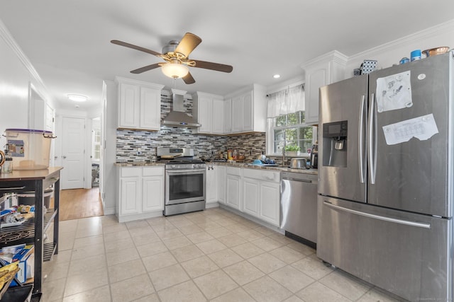 170 Red Oak Rd, Bridgeport, CT 06606 - kitchen featuring appliances with stainless steel finishes, wall chimney exhaust hood, ornamental molding, decorative backsplash, and white cabinetry