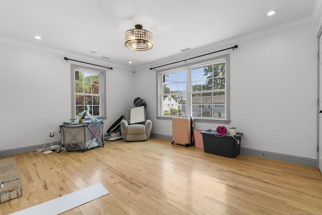 170 Red Oak Rd, Bridgeport, CT 06606 - miscellaneous room with wood finished floors, ornamental molding, and recessed lighting