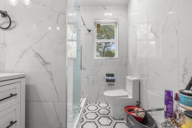 170 Red Oak Rd, Bridgeport, CT 06606 - bathroom featuring a marble finish shower, vanity, and tile walls