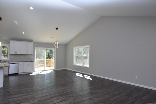 152 Buff Cap Rd, Tolland, CT 06084 - unfurnished living room with dark wood-style floors, recessed lighting, and high vaulted ceiling