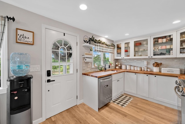 13 Baldwin Hill Rd, Litchfield, CT 06759 - kitchen with wood counters, appliances with stainless steel finishes, tasteful backsplash, light wood finished floors, and recessed lighting