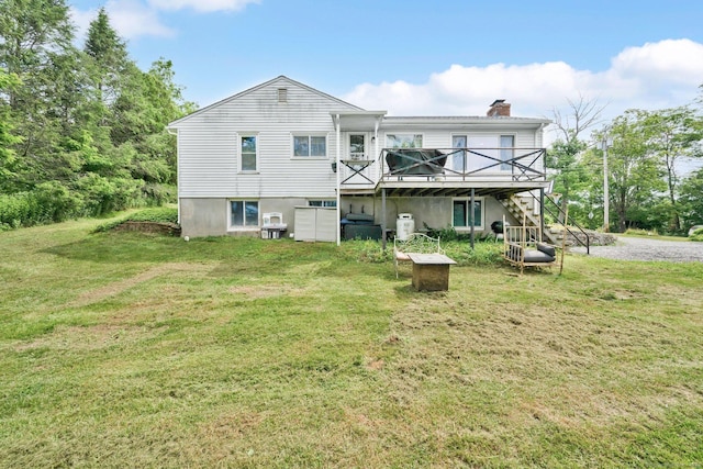 13 Baldwin Hill Rd, Litchfield, CT 06759 - rear view of house featuring a chimney, a wooden deck, a yard, and stairs