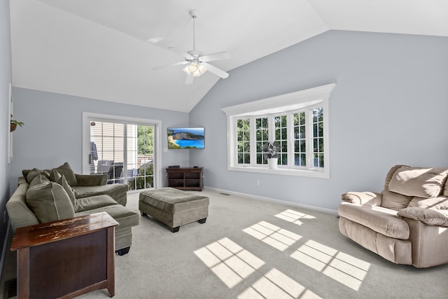 8 Barbara Ln, Southington, CT 06479 - carpeted living room featuring vaulted ceiling and a ceiling fan
