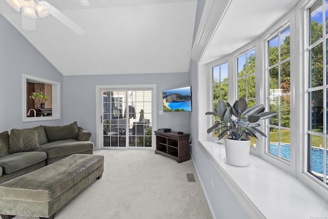 8 Barbara Ln, Southington, CT 06479 - carpeted living room with vaulted ceiling, plenty of natural light, and ceiling fan