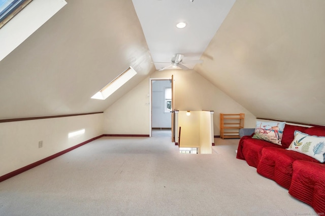 15 Hawks Nest Rd, Old Lyme, CT 06371 - additional living space featuring a skylight, carpet flooring, vaulted ceiling, a ceiling fan, and recessed lighting