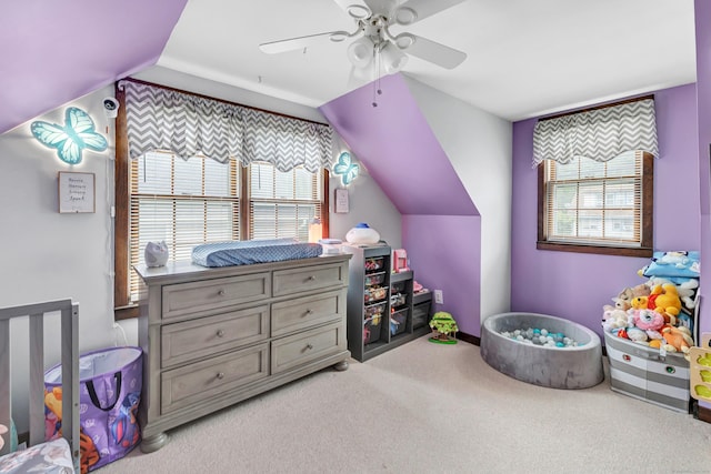 1462 Cutspring Rd, Stratford, CT 06614 - bedroom featuring multiple windows, lofted ceiling, carpet floors, and a ceiling fan