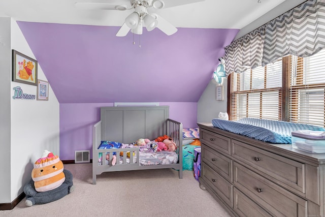 1462 Cutspring Rd, Stratford, CT 06614 - bedroom featuring vaulted ceiling, light carpet, and a ceiling fan