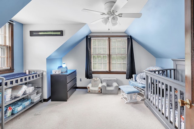 1462 Cutspring Rd, Stratford, CT 06614 - carpeted bedroom featuring ceiling fan, lofted ceiling, and a nursery area