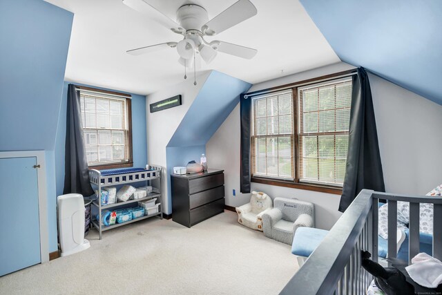 1462 Cutspring Rd, Stratford, CT 06614 - bedroom with carpet, vaulted ceiling, multiple windows, and a ceiling fan