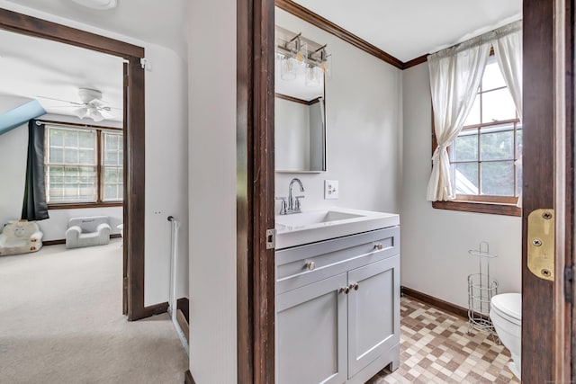 1462 Cutspring Rd, Stratford, CT 06614 - bathroom with vanity, ornamental molding, and ceiling fan