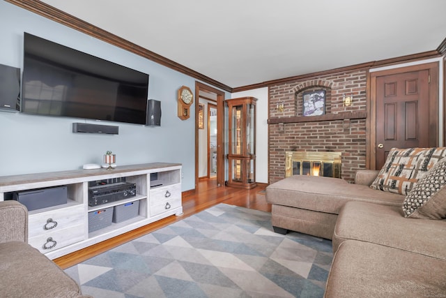 1462 Cutspring Rd, Stratford, CT 06614 - living room featuring ornamental molding, wood finished floors, and a brick fireplace