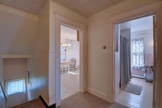 32 Columbus St, East Hartford, CT 06108 - corridor featuring ornamental molding, a chandelier, and a baseboard heating unit