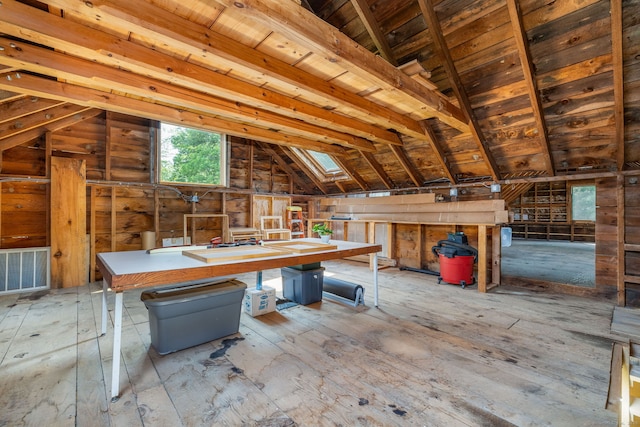 1669 Rte 169, Woodstock, CT 06281 - miscellaneous room with lofted ceiling, wood ceiling, wood walls, hardwood / wood-style floors, and a skylight