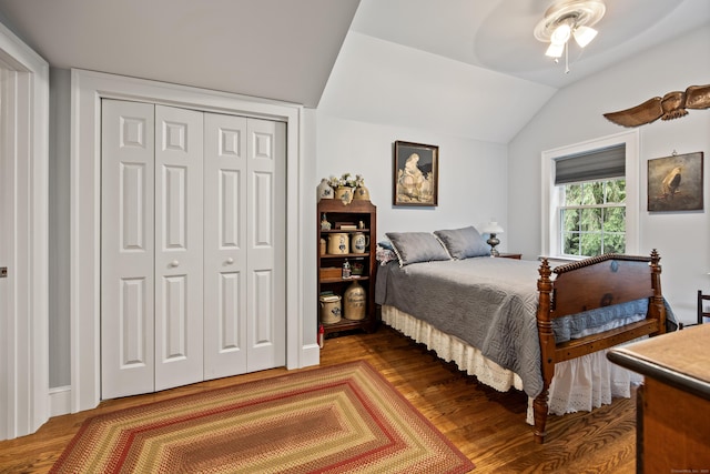 1775 Orchard Hill Rd, Cheshire, CT 06410 - bedroom featuring a closet, vaulted ceiling, dark wood-style floors, and a ceiling fan