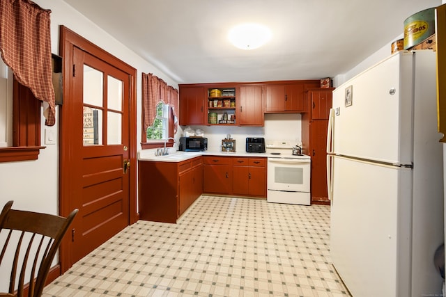 1775 Orchard Hill Rd, Cheshire, CT 06410 - kitchen featuring white appliances, light countertops, open shelves, and light flooring