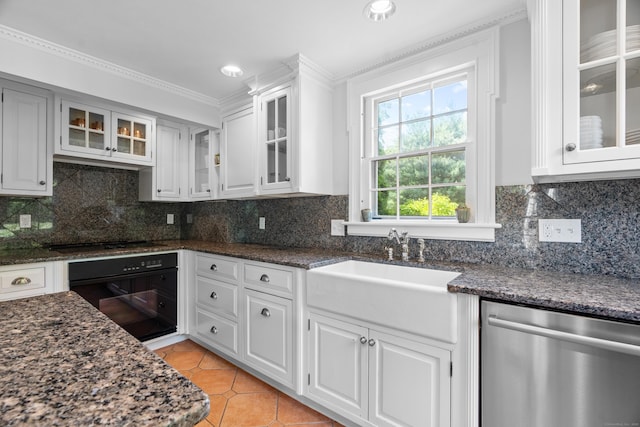 109 Boston Post Rd, Madison, CT 06443 - kitchen with black appliances, white cabinetry, light tile patterned flooring, and ornamental molding